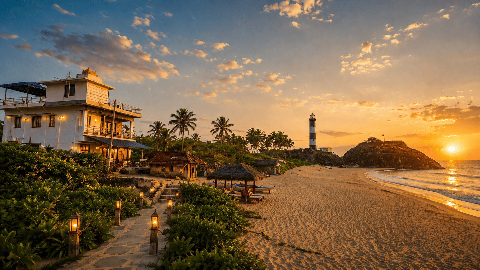 Evara Beach Resort private shoreline at sunset